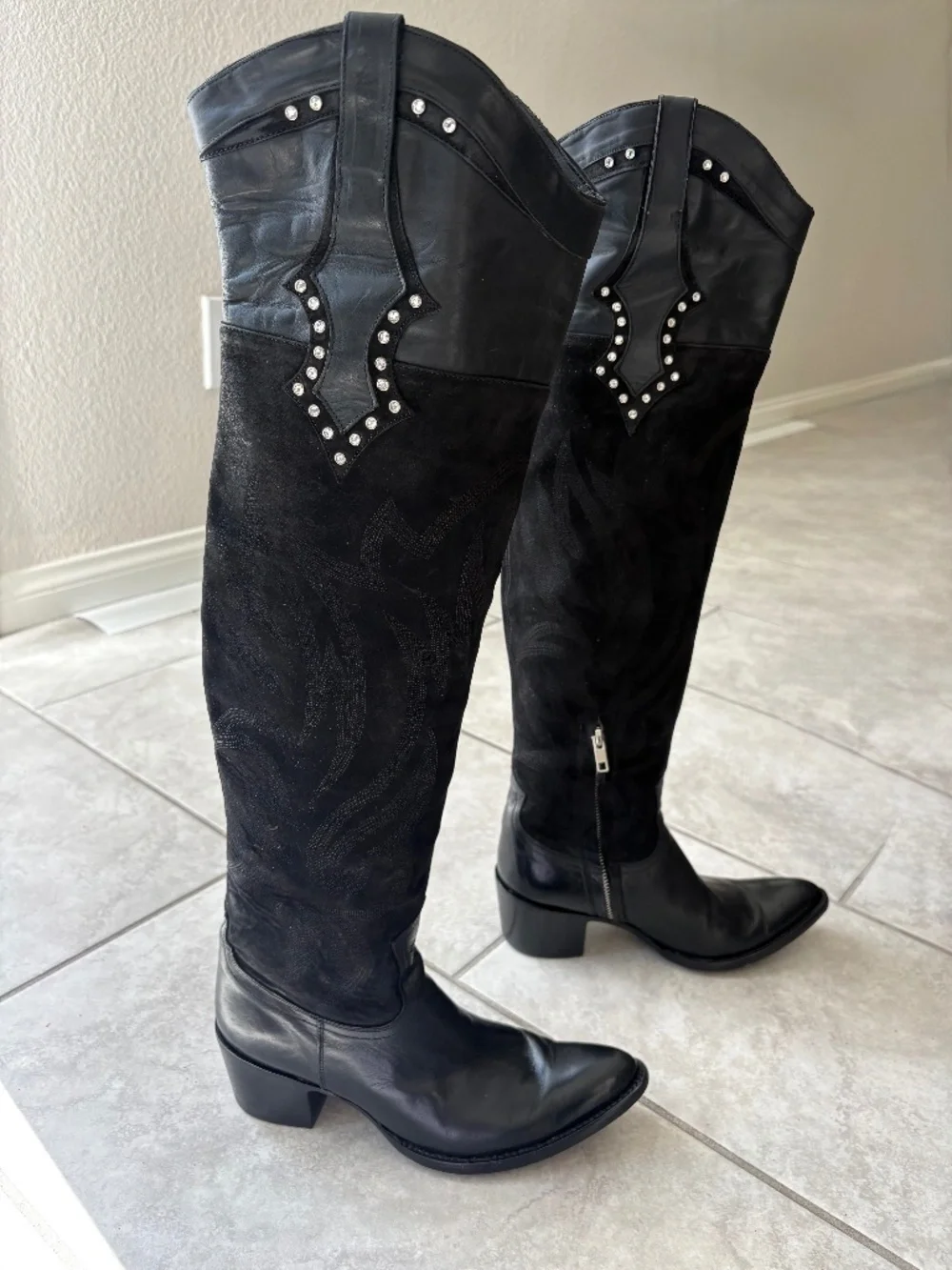 VINTAGE RARE!! OLD GRINGO Black Leather Suede Over Knee Crystal Western Boot 8